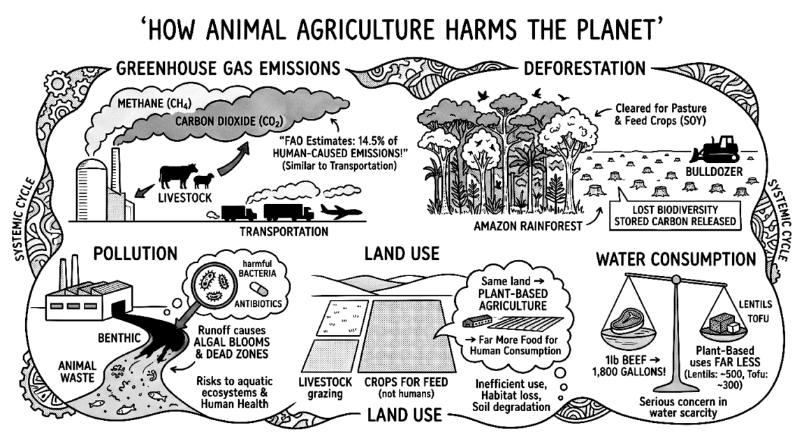 Diagram showing how animal farming harms the planet, including emissions and deforestation.