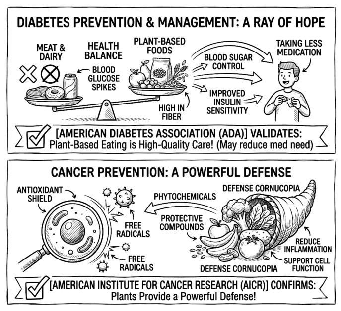 Vegan foods support blood sugar control and cancer defense with antioxidants and phytochemicals.