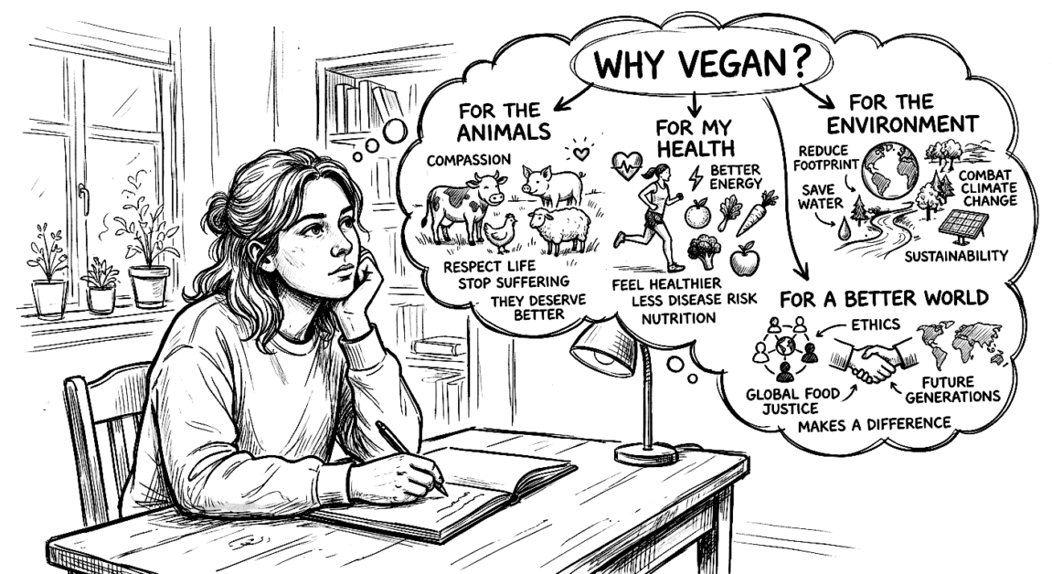 Woman studying with vegan lifestyle benefits illustrations in background.