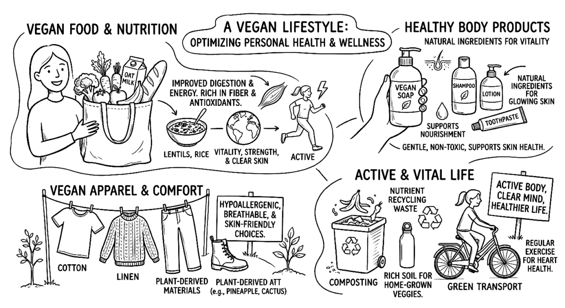 A vegan lifestyle promotes personal health and wellness through plant-based nutrition and eco-friend.