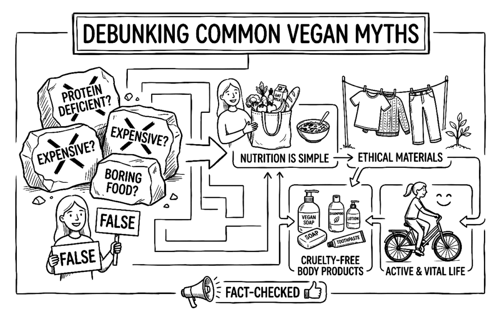 Illustration debunking common vegan myths about protein, cost, and food boringness.