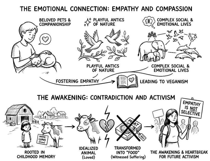 Illustration of emotional bonds with animals and activism for veganism.