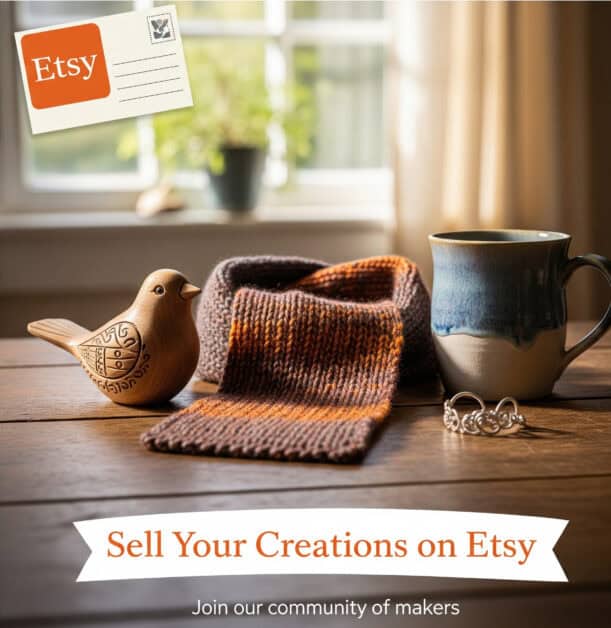 A product shot for Etsy showing a handcrafted wooden bird, a striped knit scarf, a ceramic mug, and a silver ring arranged on a wooden table. The text "Sell Your Creations on Etsy" and "Join our community of makers" is overlaid on the image, and an Etsy postcard icon is in the corner.