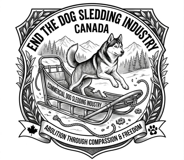 A black-and-white circular crest illustration advocating against the dog sledding industry in Canada. A husky dog is shown jumping away from a broken wooden sled with a snapped rope, set against a mountain and pine forest landscape. The text reads "END THE DOG SLEDDING INDUSTRY CANADA" and "ABOLITION THROUGH COMPASSION & FREEDOM."