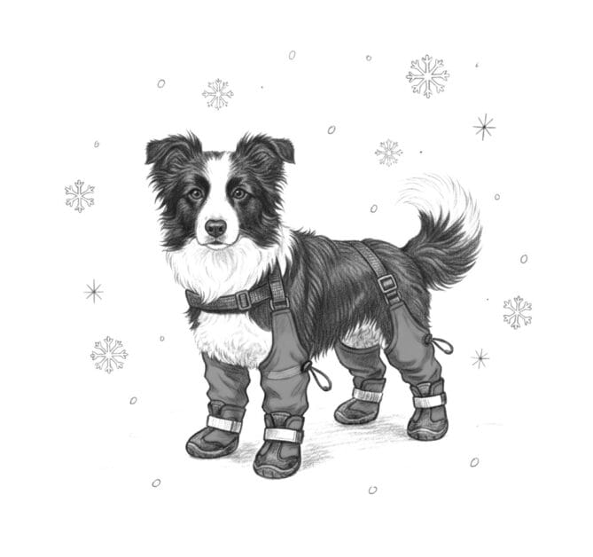 Black and white sketch of a dog wearing winter boots standing in the snow.