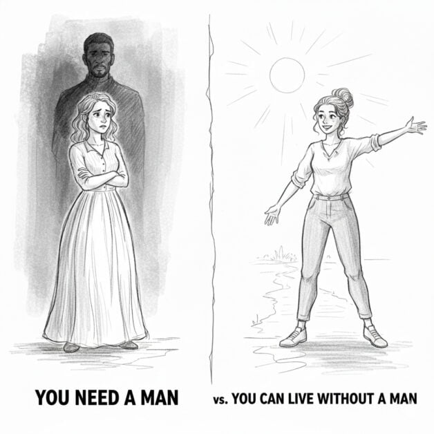 A simple black and white charcoal sketch showing two women mentors standing on opposite sides of a path; one woman looks toward a traditional domestic scene representing security, while the other stands alone and tall in a vast landscape representing sovereignty and independence.