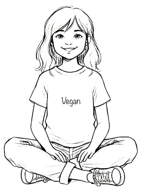 A black and white line drawing of a young woman with wavy hair sitting cross-legged on the floor, smiling and wearing a t-shirt that says 