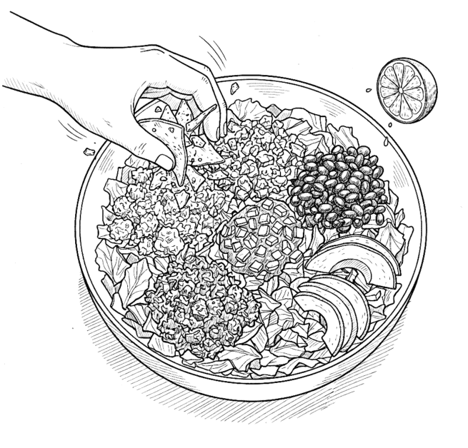 A black and white line art illustration of a large salad bowl being topped with crushed tortilla chips by a hand. The bowl contains layers of mixed greens, plant-based ground meat, black beans, sliced avocado, and a fresh lime wedge on the side.