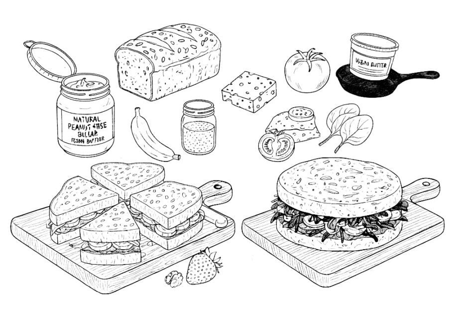 A black and white line art illustration showing two types of sandwiches: four tiny heart-shaped tea sandwiches with banana slices, and one large "elevated" grilled cheese sandwich with tomatoes and greens. Ingredients like natural peanut butter, a seeded loaf of bread, and fresh spinach are scattered around.