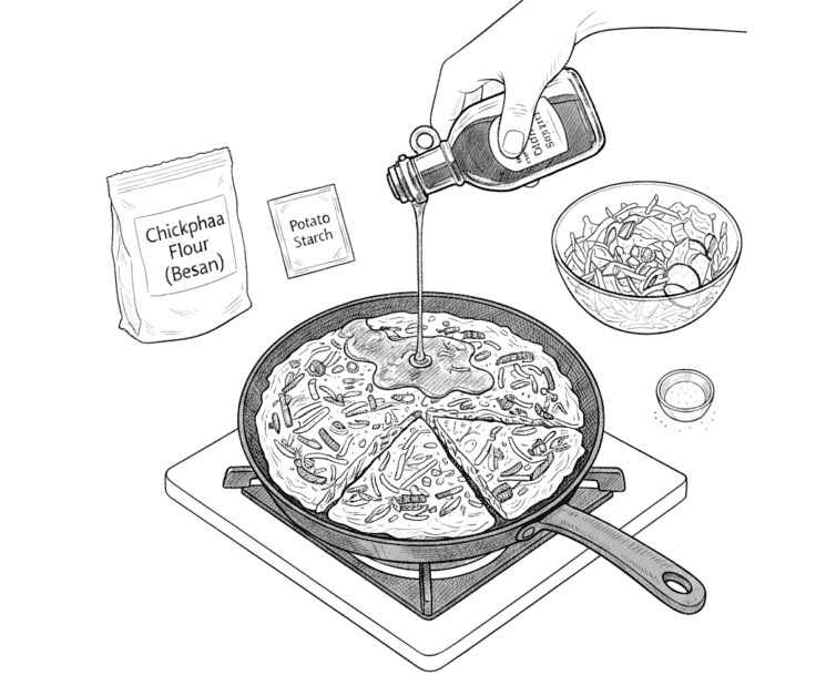 A black and white line art illustration of a savory Korean pancake being drizzled with syrup in a skillet, shown alongside ingredients like chickpea flour, potato starch, and a bowl of sliced vegetables.