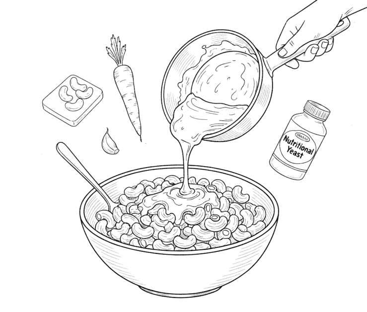 A black and white line art illustration of a hand pouring creamy sauce from a saucepan onto a bowl of macaroni pasta. Surrounded by floating ingredients including a carrot, garlic clove, cashews, and a jar of nutritional yeast.