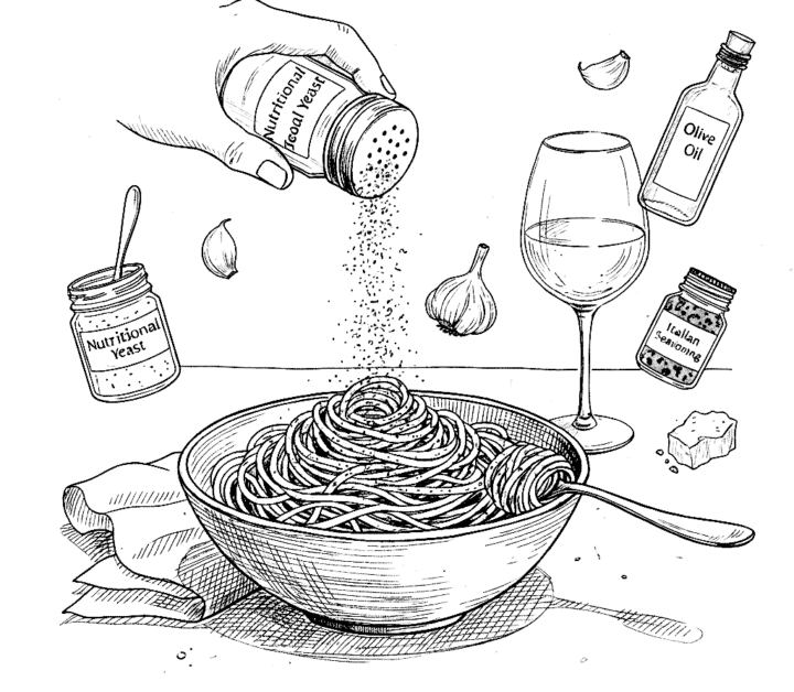 A black and white line art sketch of a bowl of spaghetti with a hand shaking nutritional yeast over it, surrounded by garlic cloves, olive oil, Italian seasoning, and a glass of wine.