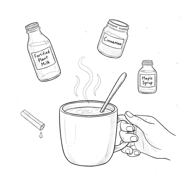 A black and white line art illustration of a hand holding a steaming mug with a spoon. Floating around the mug are bottles of fortified plant milk, maple syrup, and cinnamon, representing the ingredients for a nutrient-dense vegan nightcap.
