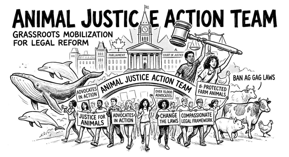 A black-and-white line art illustration featuring a large group of diverse activists marching with banners that read "Justice for Animals" and "Change the Laws." The background includes the Canadian Parliament and a Court of Justice. Surrounding the marchers are various animals, including whales, dolphins, cows, pigs, and chickens, along with an activist holding a large gavel aloft.