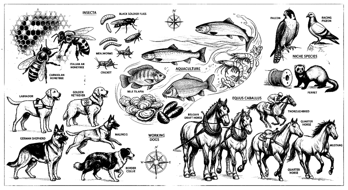 Insect, dog, fish, bird, and horse species depicted with labels and details.