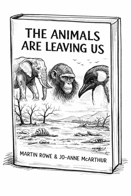 Illustration of animals leaving a drying landscape, featuring an elephant, ape, and bird.