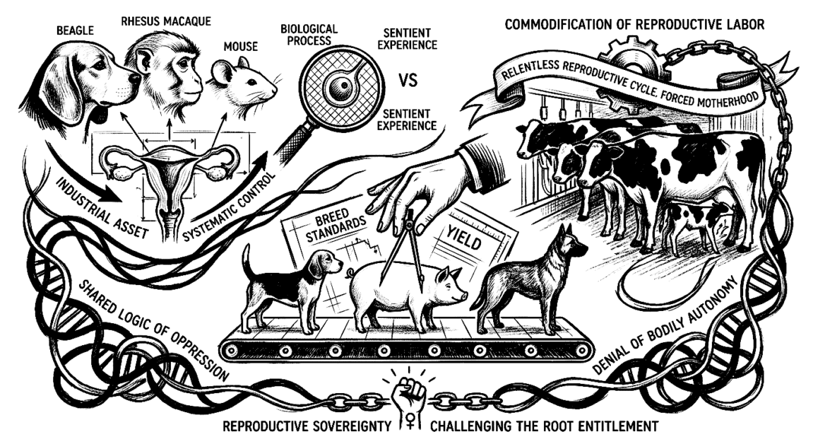 Illustration of animal breeding system highlighting ethical concerns and biological control.