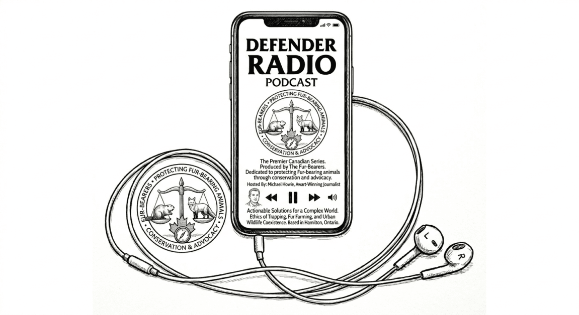 Defender Radio podcast logo with smartphone and earphones, wildlife conservation focus.