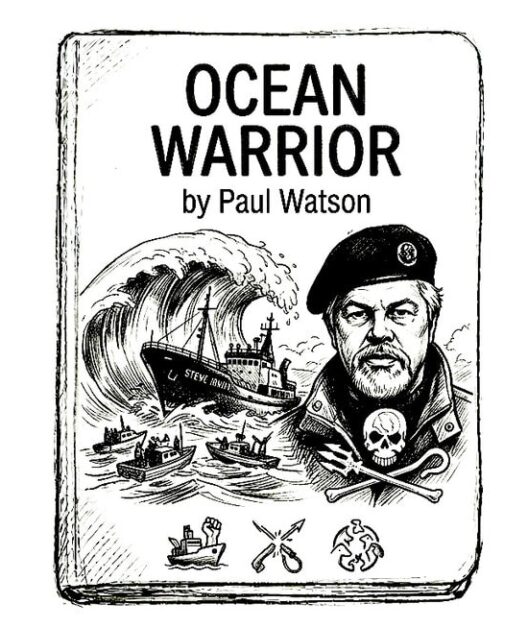 Cover of "Ocean Warrior" by Paul Watson featuring a maritime scene and a portrait of the author.