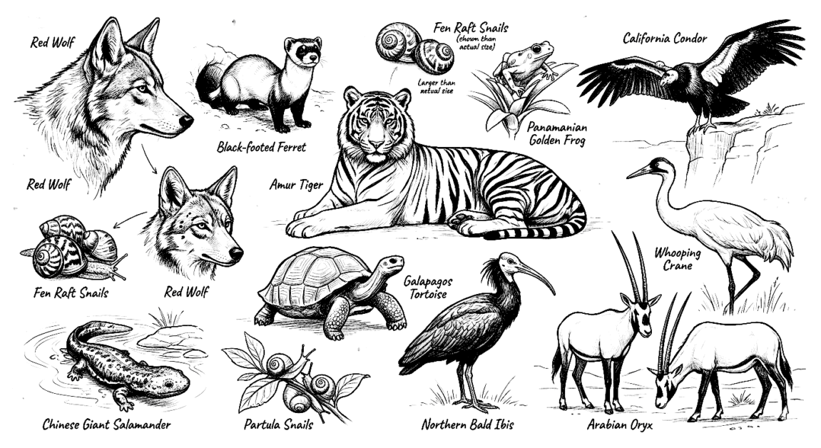 Illustration of red wolves, tigers, turtles, and other animals highlighting biodiversity.