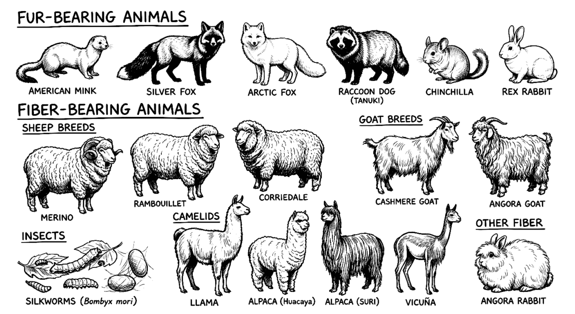Diverse farm animals including fur, fiber, goat breeds, insects, and other fiber animals.