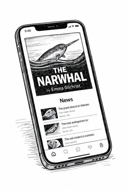 Digital news article about the narwhal by Emma Gilchrist on a smartphone screen.