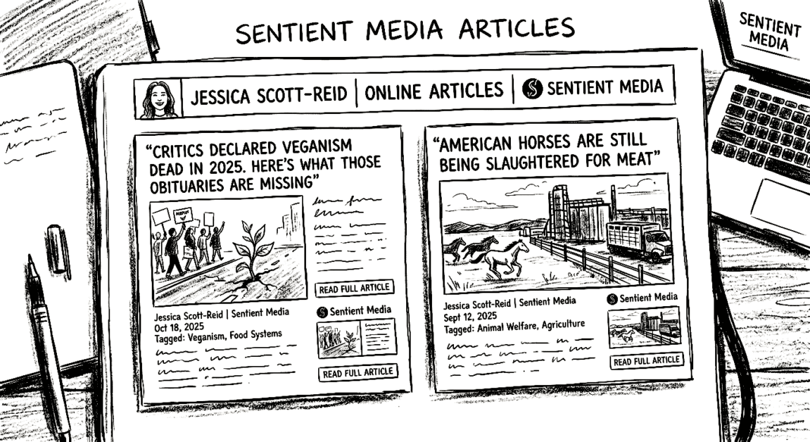 Newspaper articles on vegan activism and animal rights from Sentient Media.