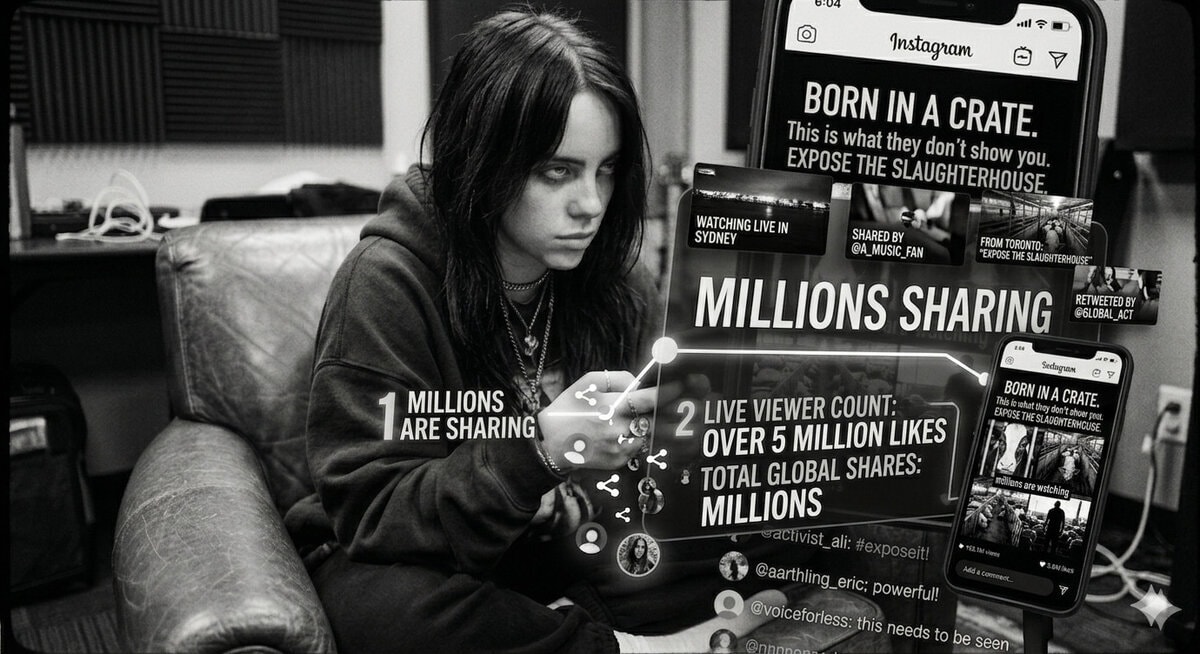A woman using her phone to share a live stream about veganism and animal rights on social media.