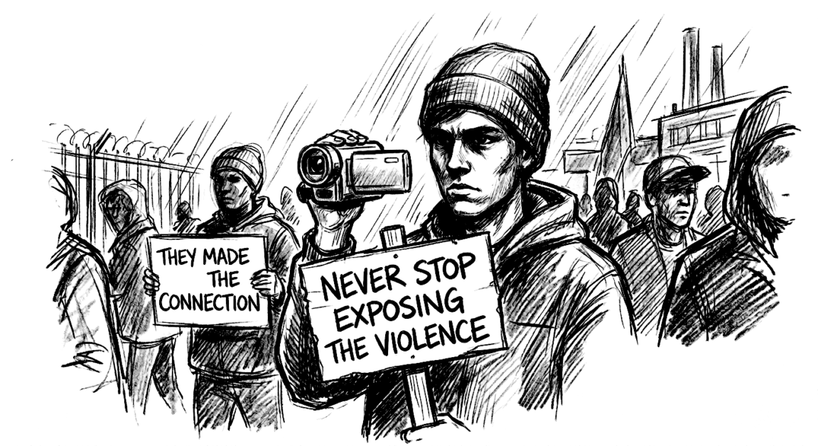 Vegan protester holding a camera and sign at an animal rights demonstration.