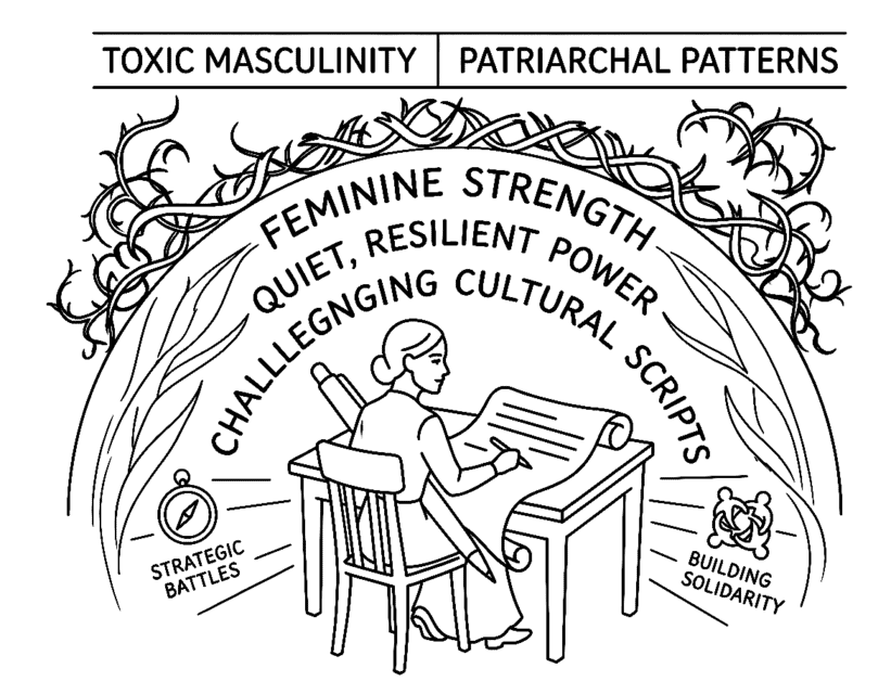 Woman writing at desk surrounded by empowering words on feminine strength and resilience.