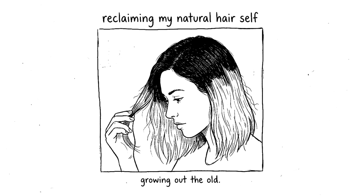 Woman with natural hair touching her hair, promoting natural hair self-love.