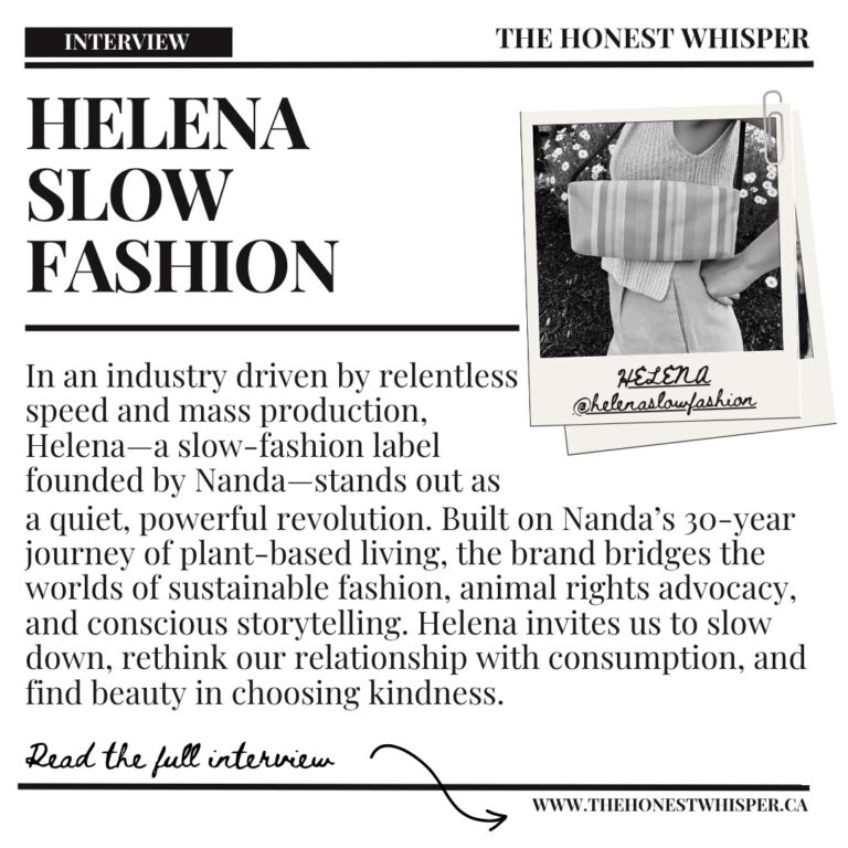 Black and white photo of Helena holding a striped bag, promoting slow fashion.